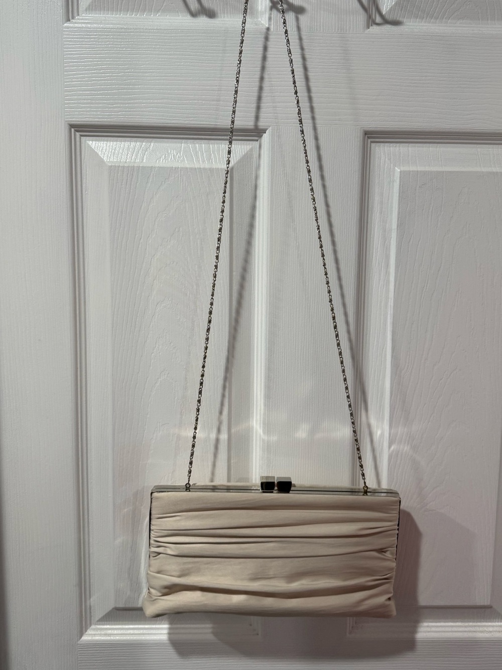Lulu Townsend Elegant Cream Ruched Evening Clutch with Chain Strap